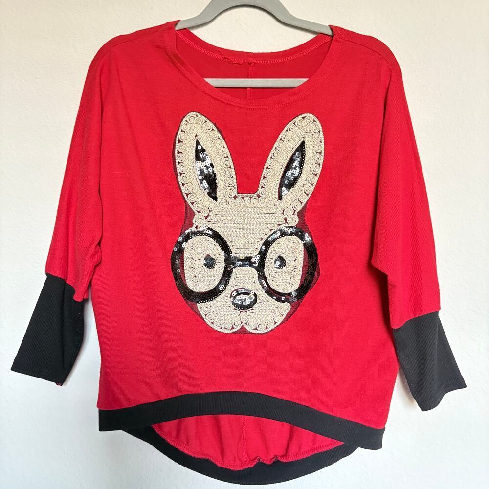 Vintage Red Bunny Cropped Sequin Graphic Top Long Sleeve Kawaii Retro M Y2K